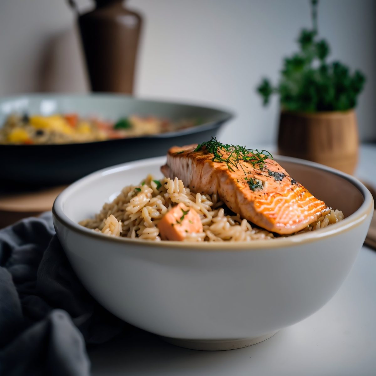 Piece of salmon fillet with brown rice