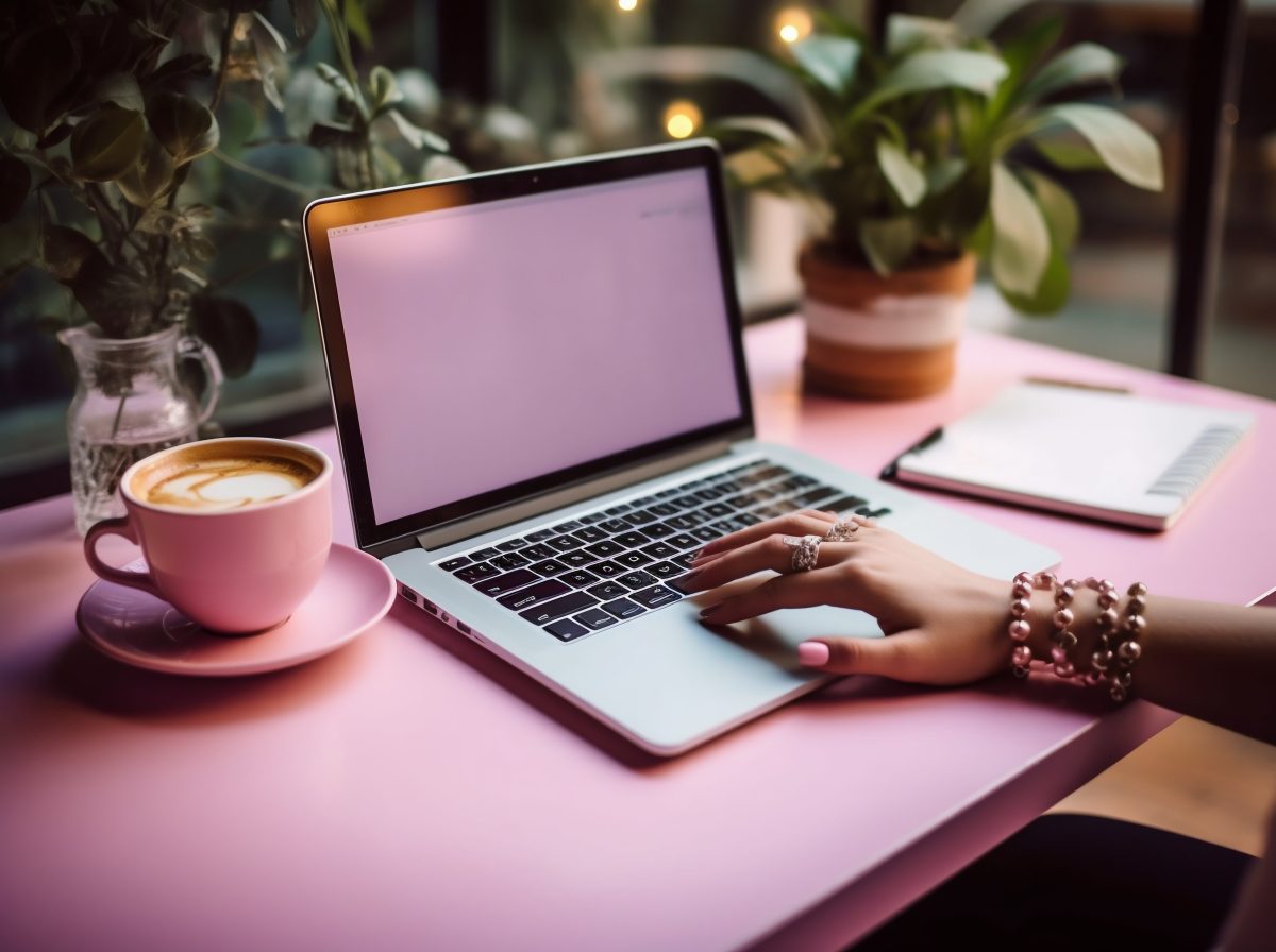 Pink computer coffee