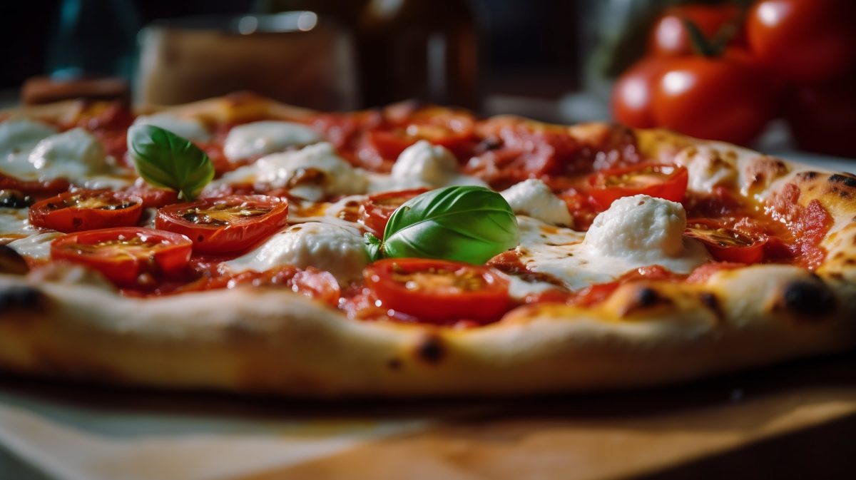Pizza basil leaf detail
