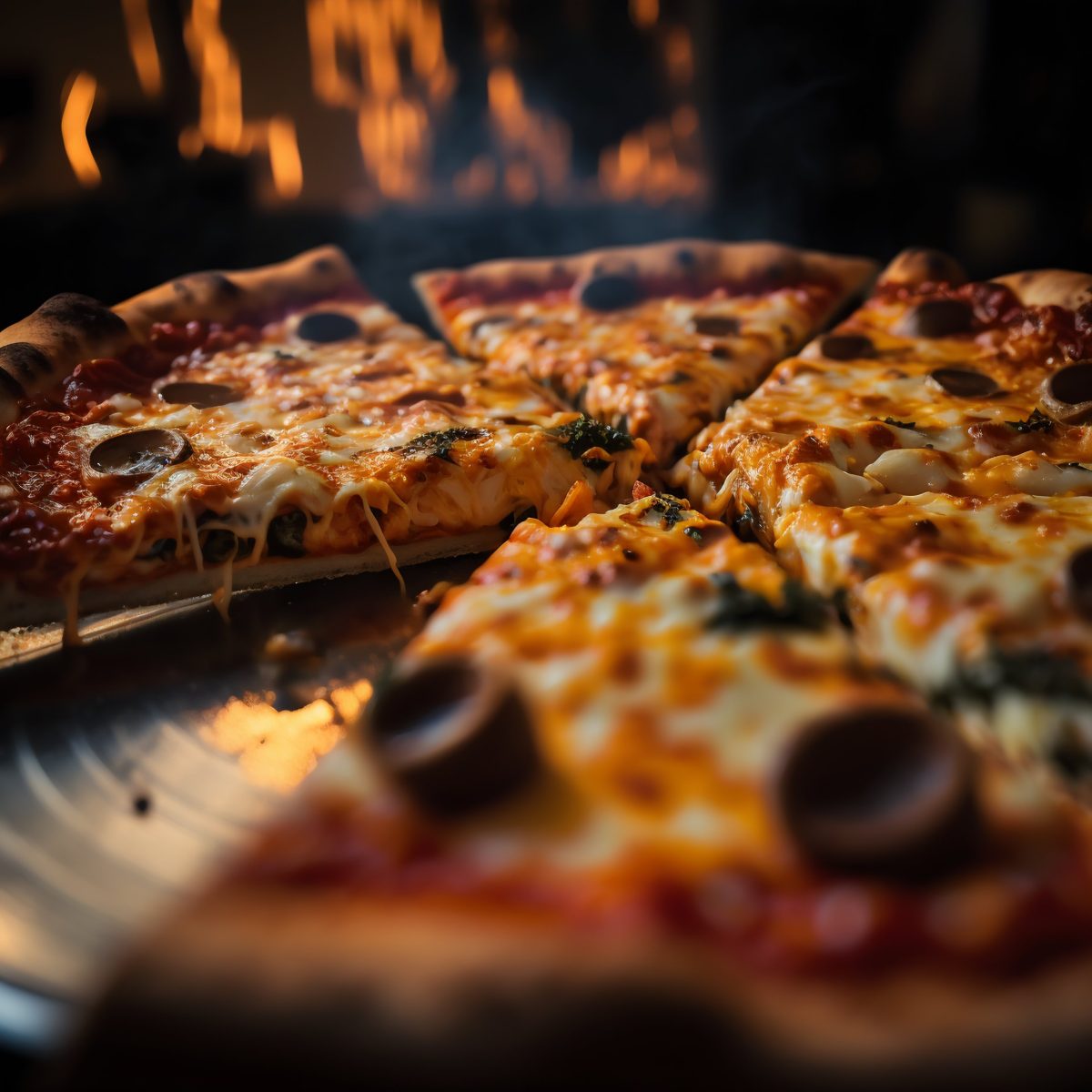 Pizza fresh out of oven close up