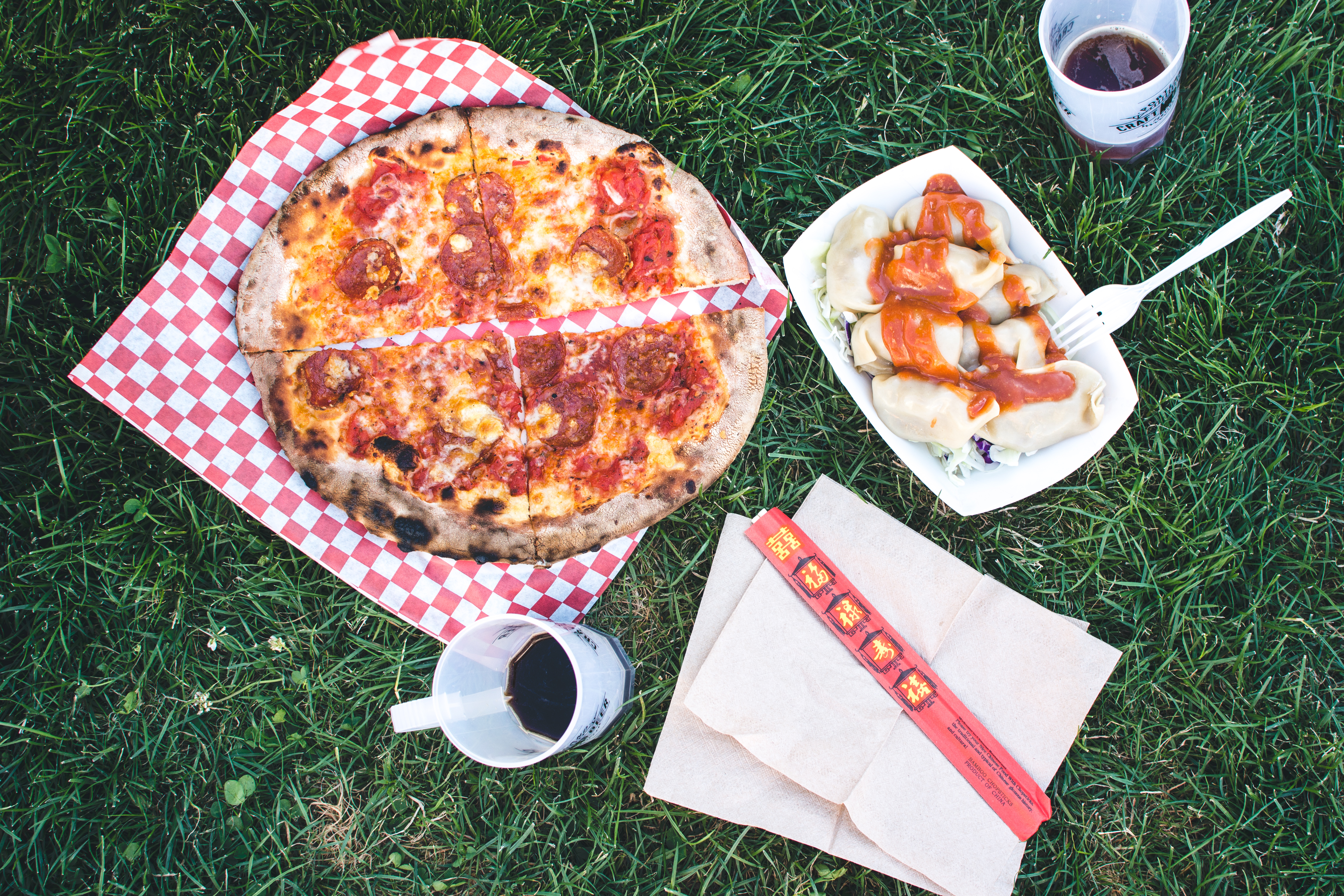 Pizza Salami and Korean dumplings Mandu on a grass
