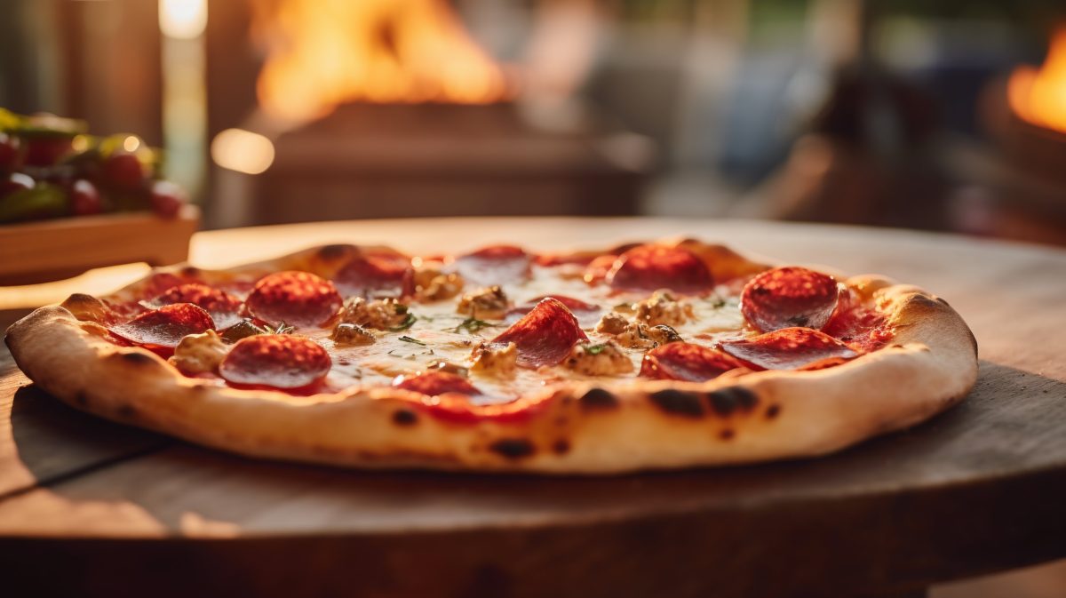 Pizza salami on a wooden table