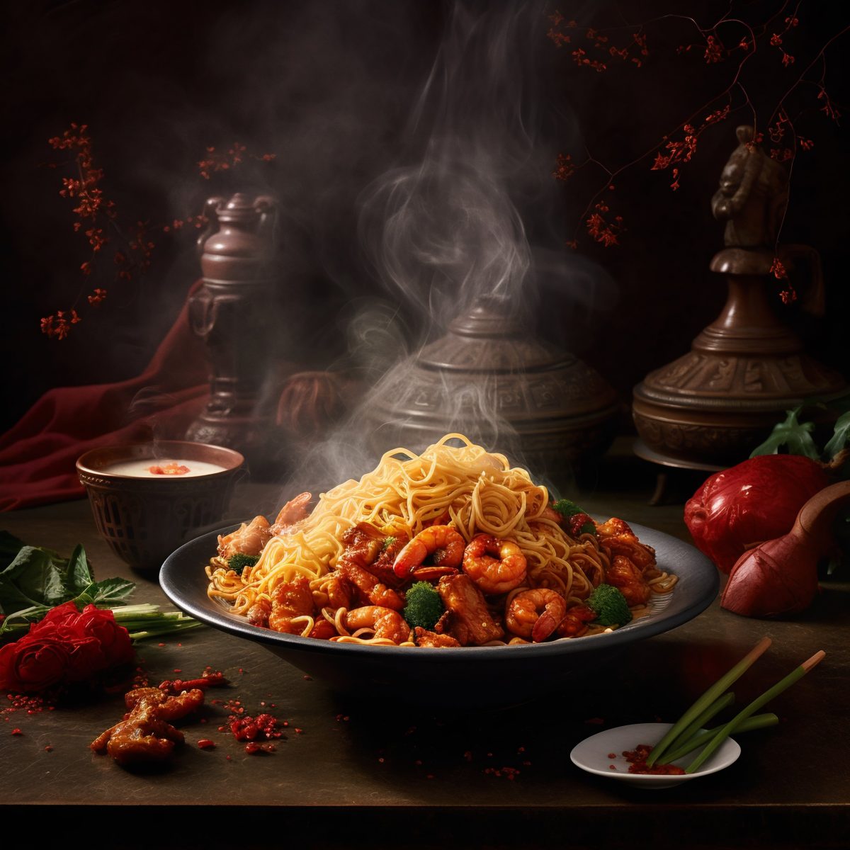 Plate of noodles with shrimps