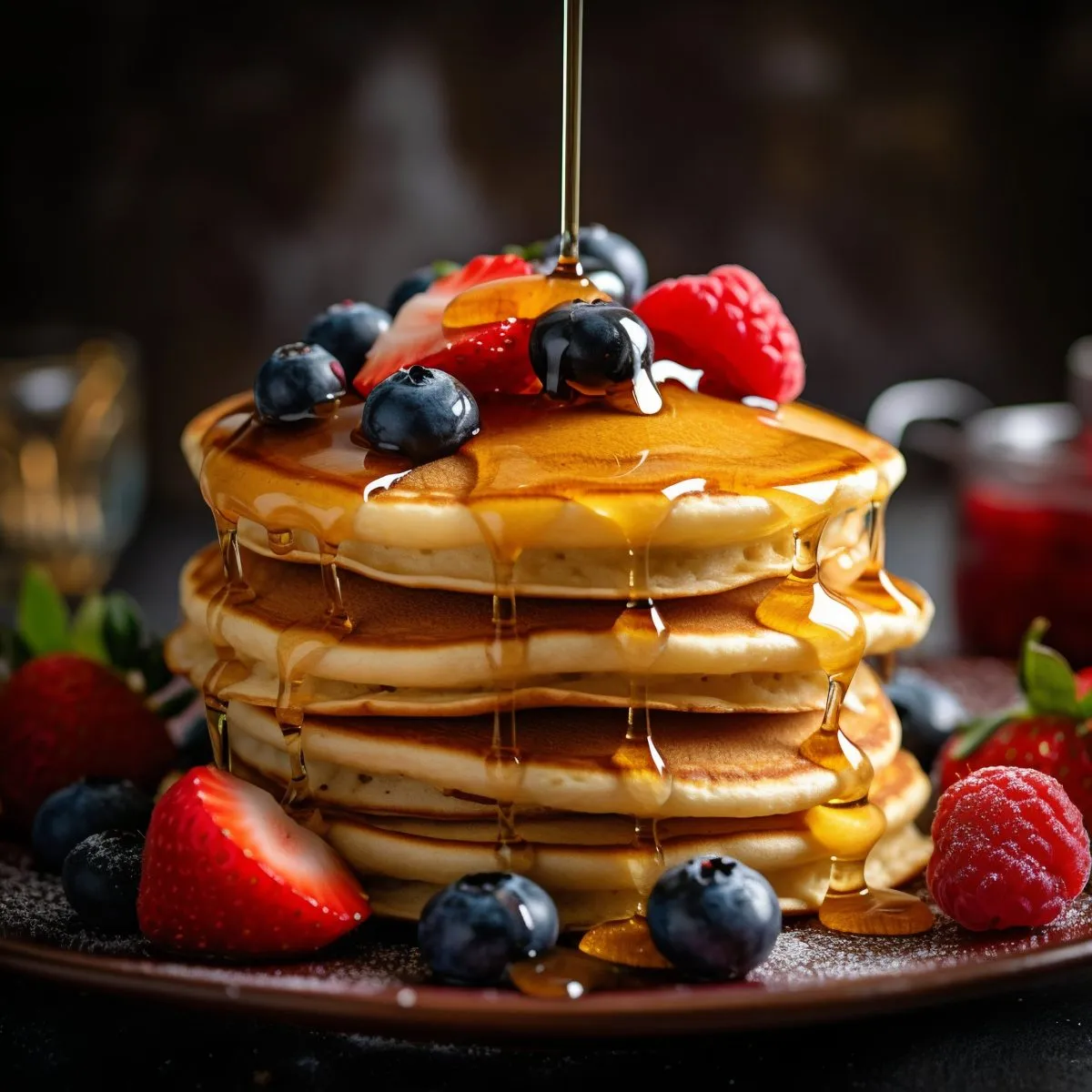 Pouring honey on pancakes