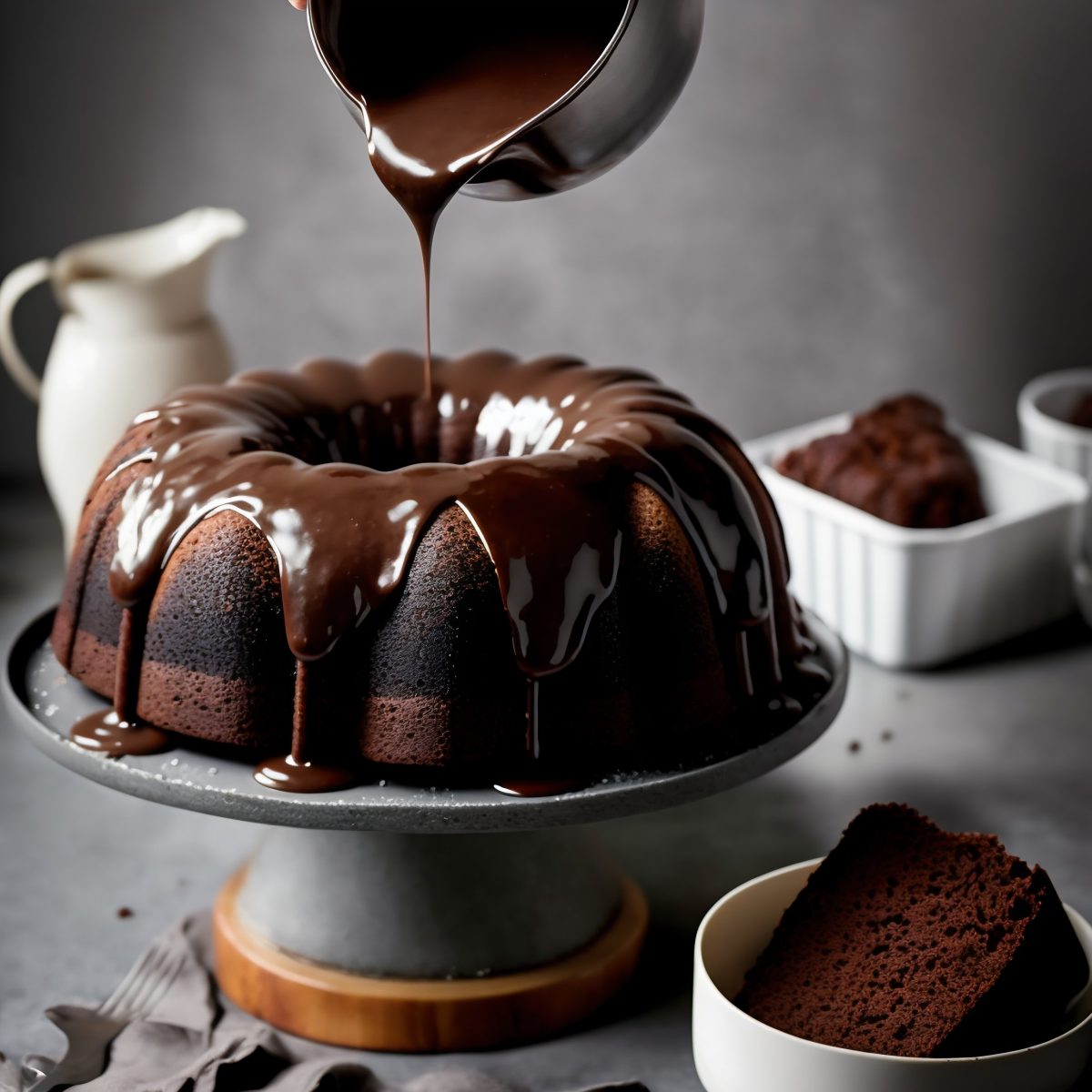 Pouring hot chocolate over a cake