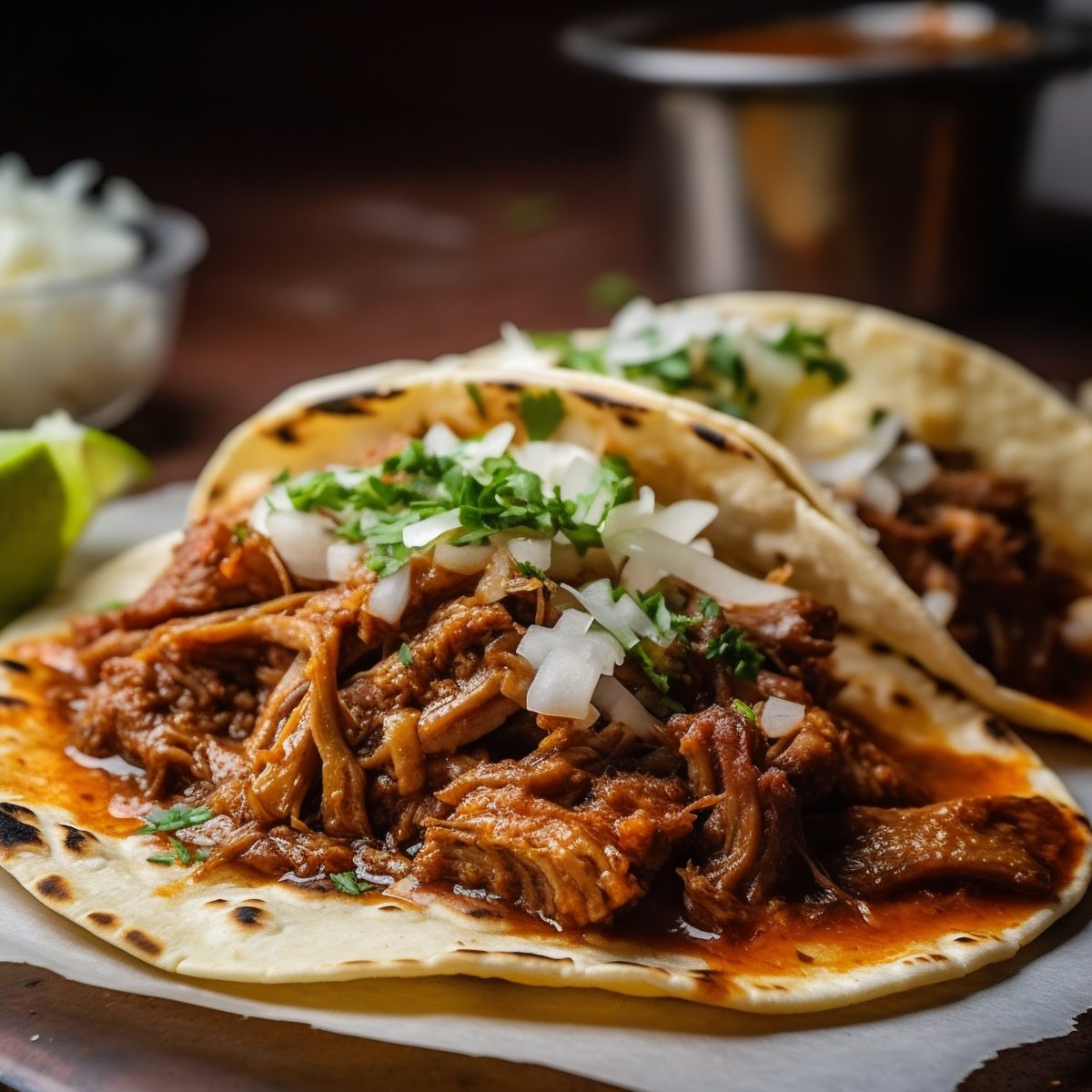 Pulled pork tacos onion close-up