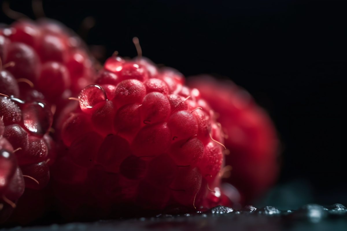 Raspberries with water droplets macro detail