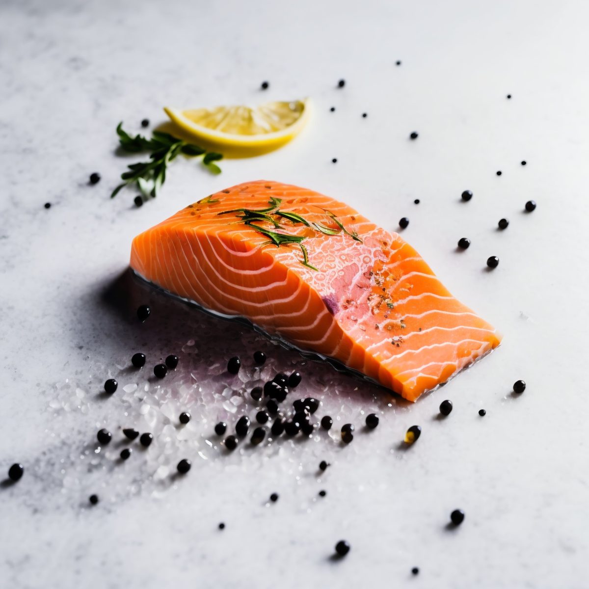 Salmon steak on a marble kitchen desk