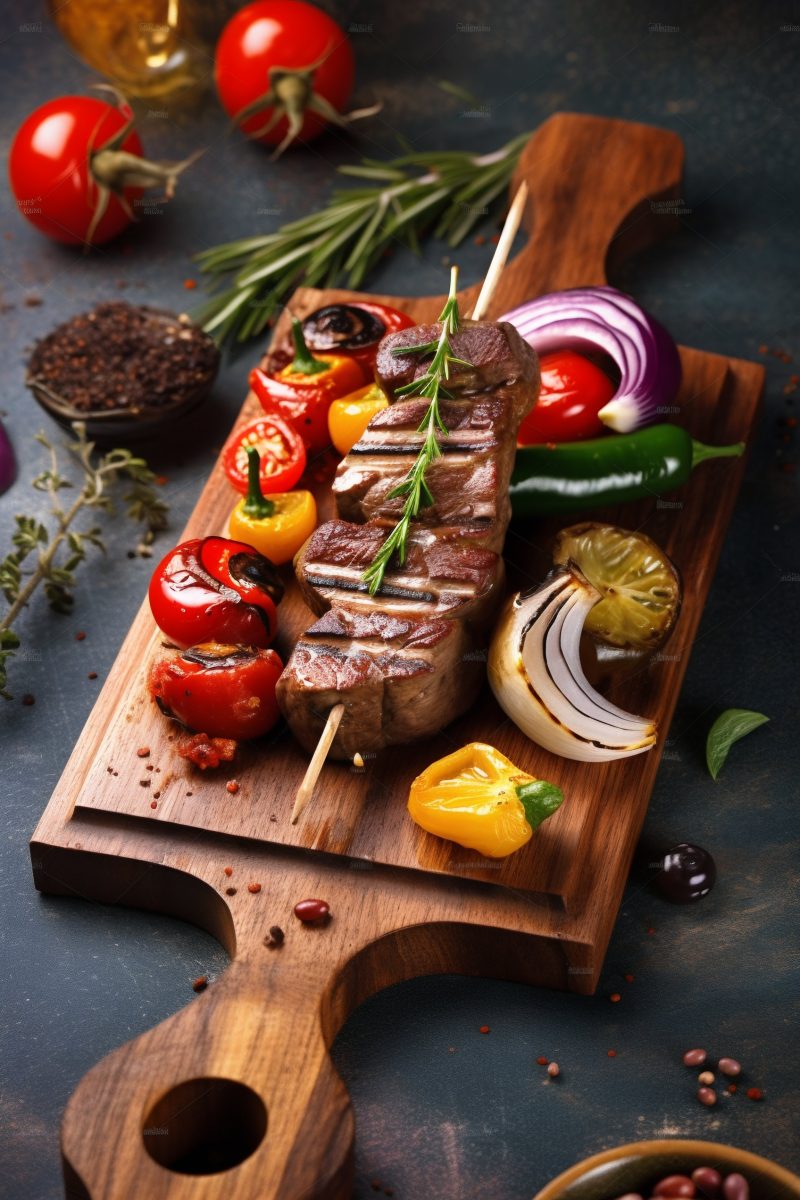 Shish kebab on a skewer with vegetables