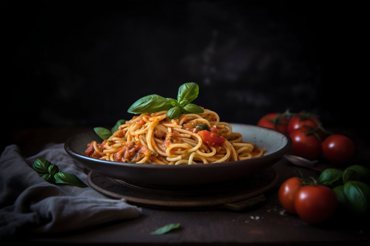 Simple Italian dish spaghetti with fresh basil on top