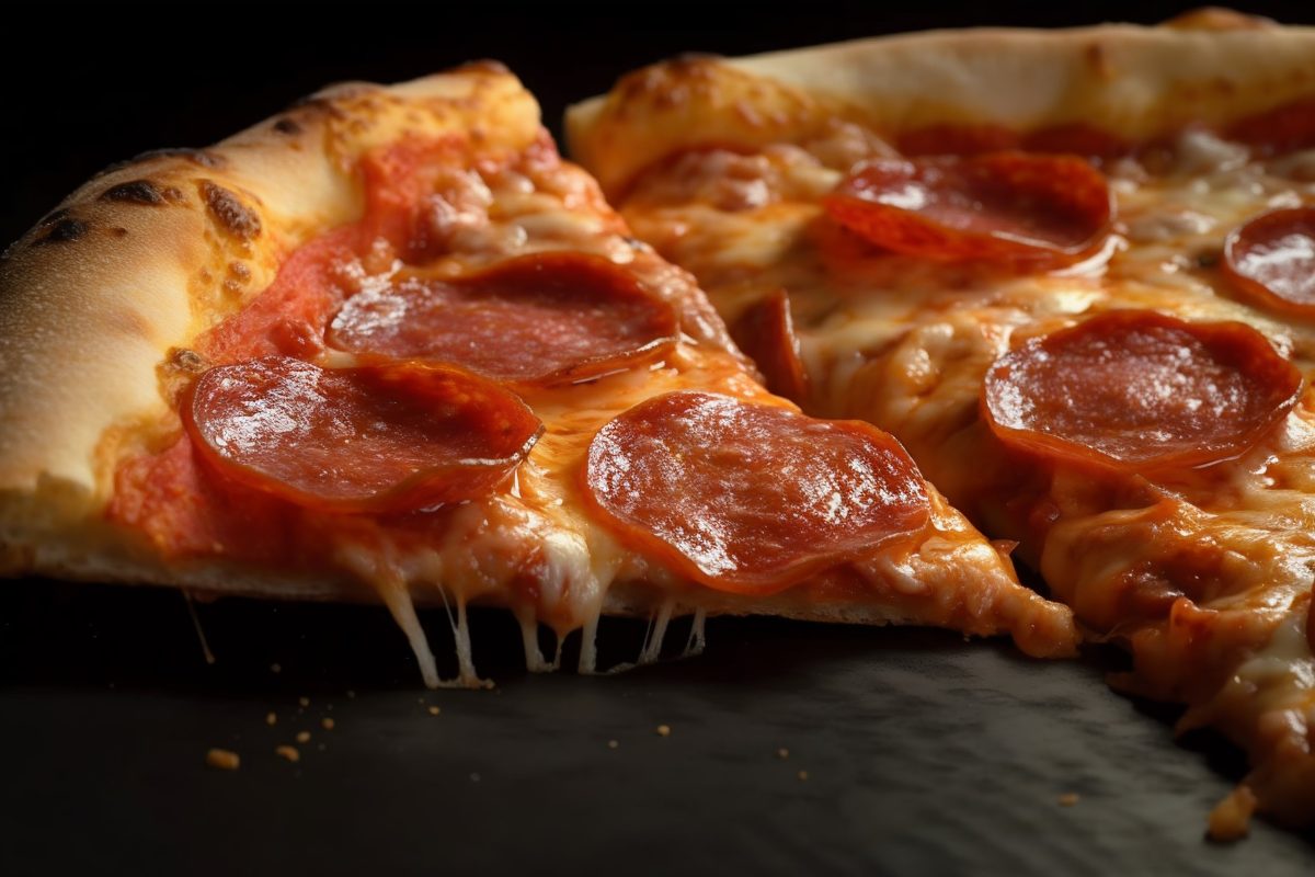 Slice of pizza salami close up