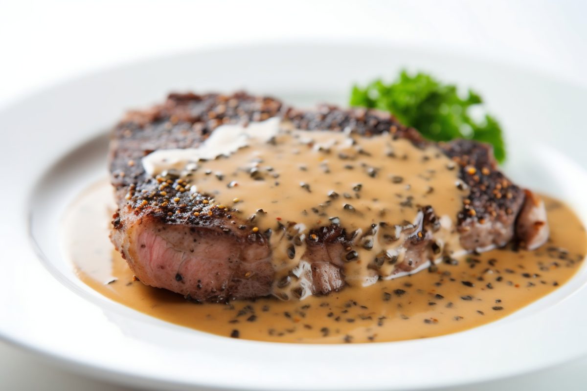 Steak au poivre on a white plate