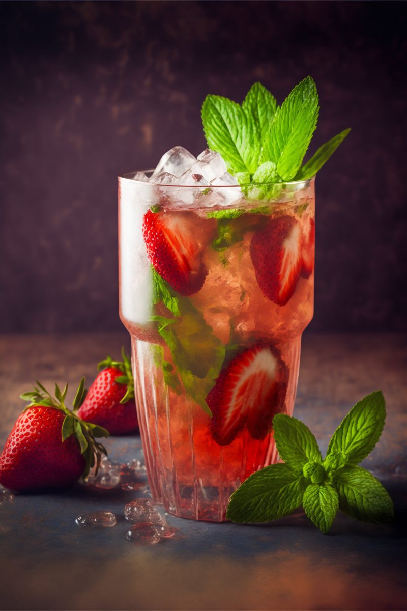Strawberry mint lemonade with ice in a glass