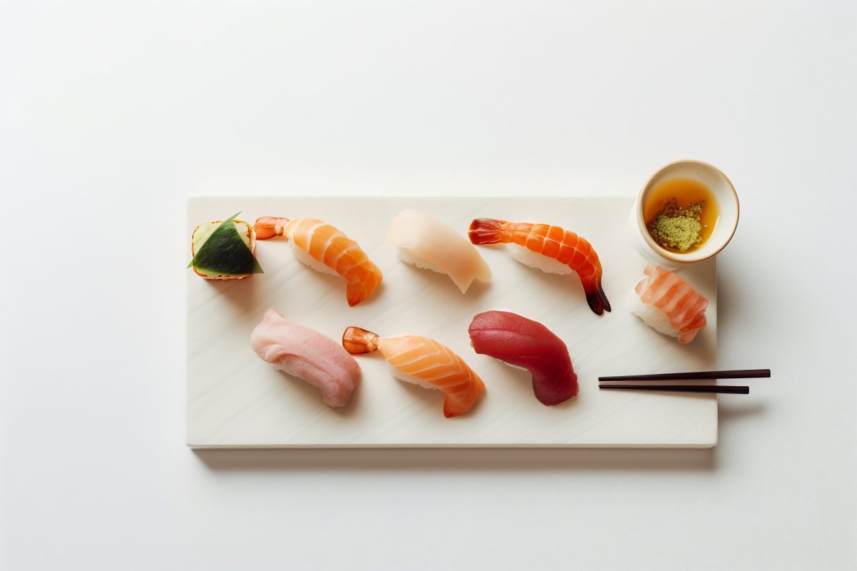 Sushi platter on a white background