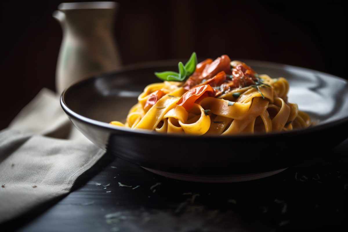 Tagliatelle with cherry tomatoes studio shot