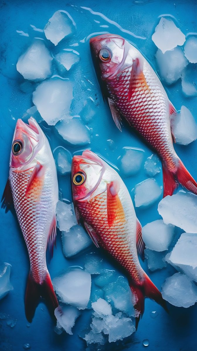 Three fresh fish on ice