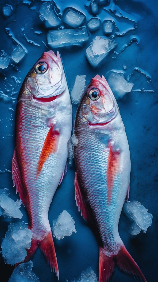 Two fresh fish on ice