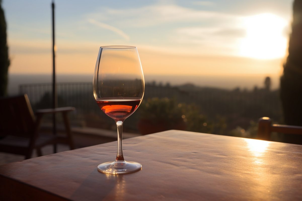 Wine on a table at sunset