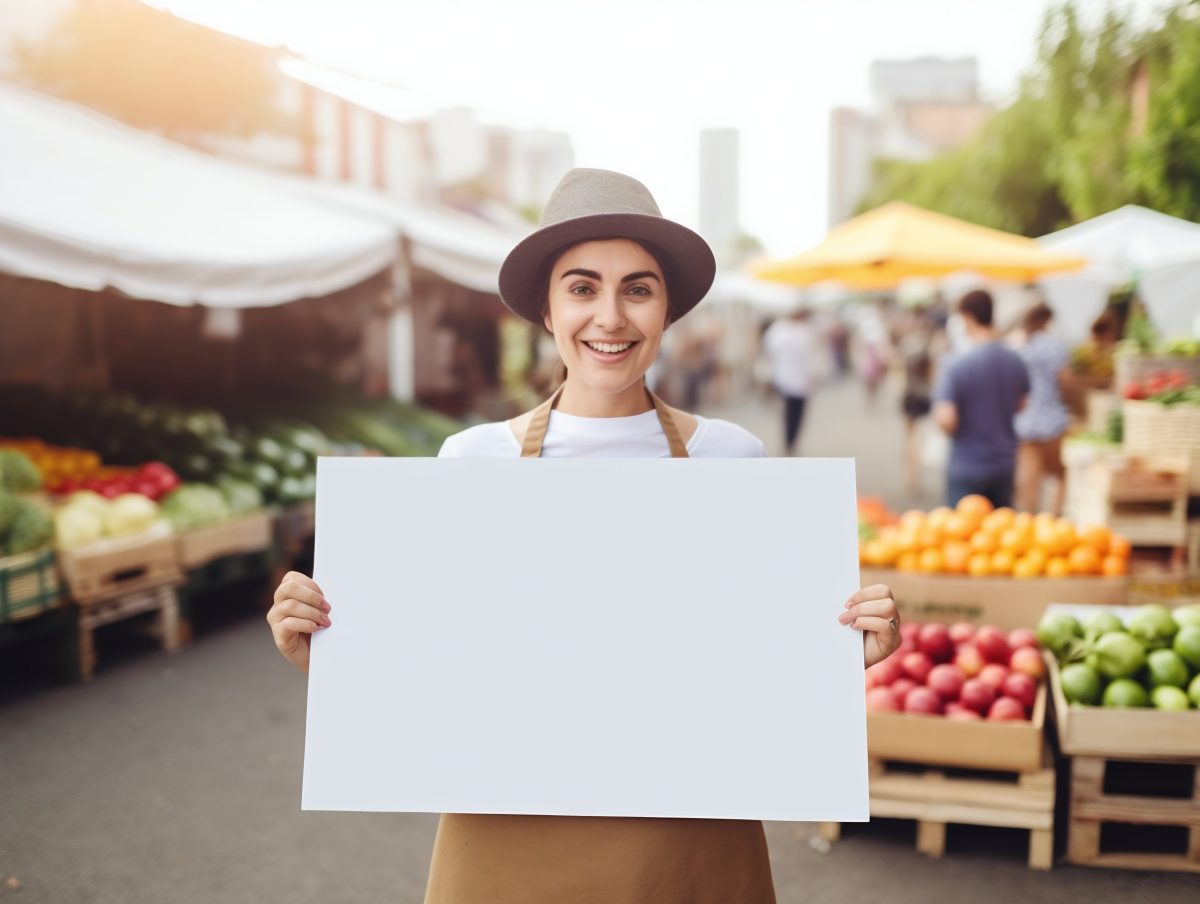 Woman at farmers market holding blank paper board