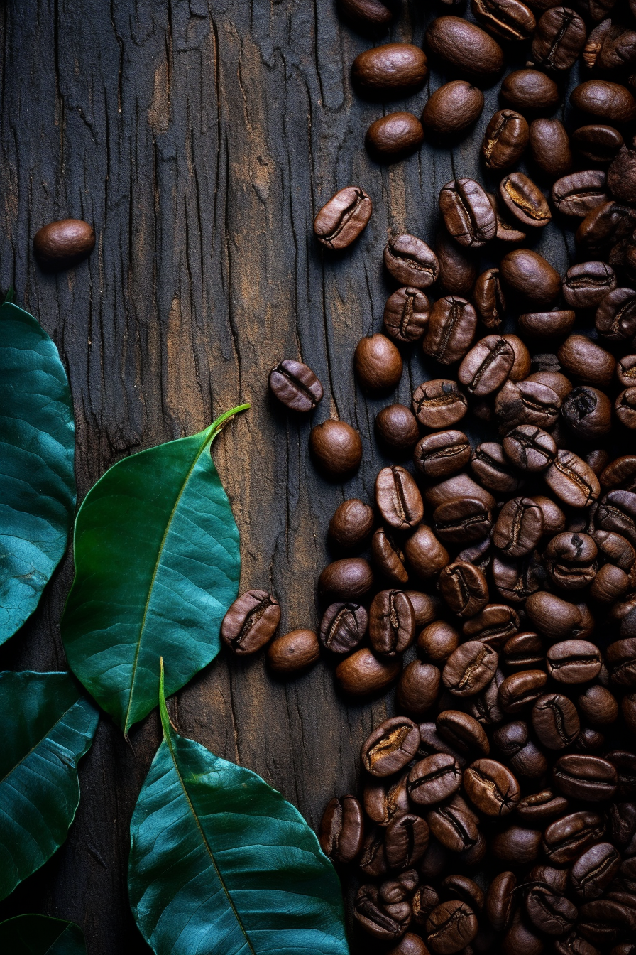 Aromatic Coffee Beans and Fresh Green Leaves
