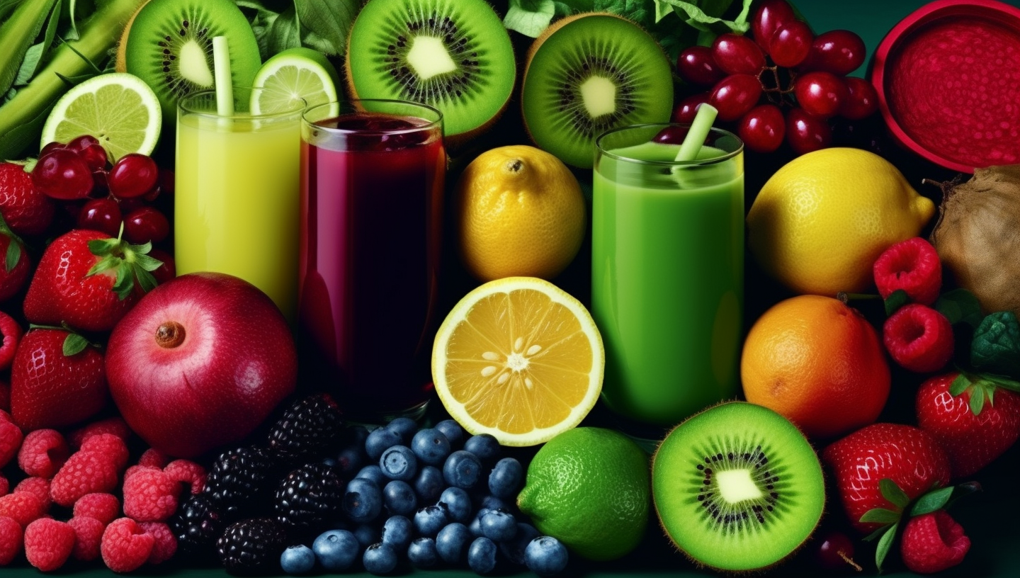 Colorful Healthy Fruit Juices and Fresh Ingredients