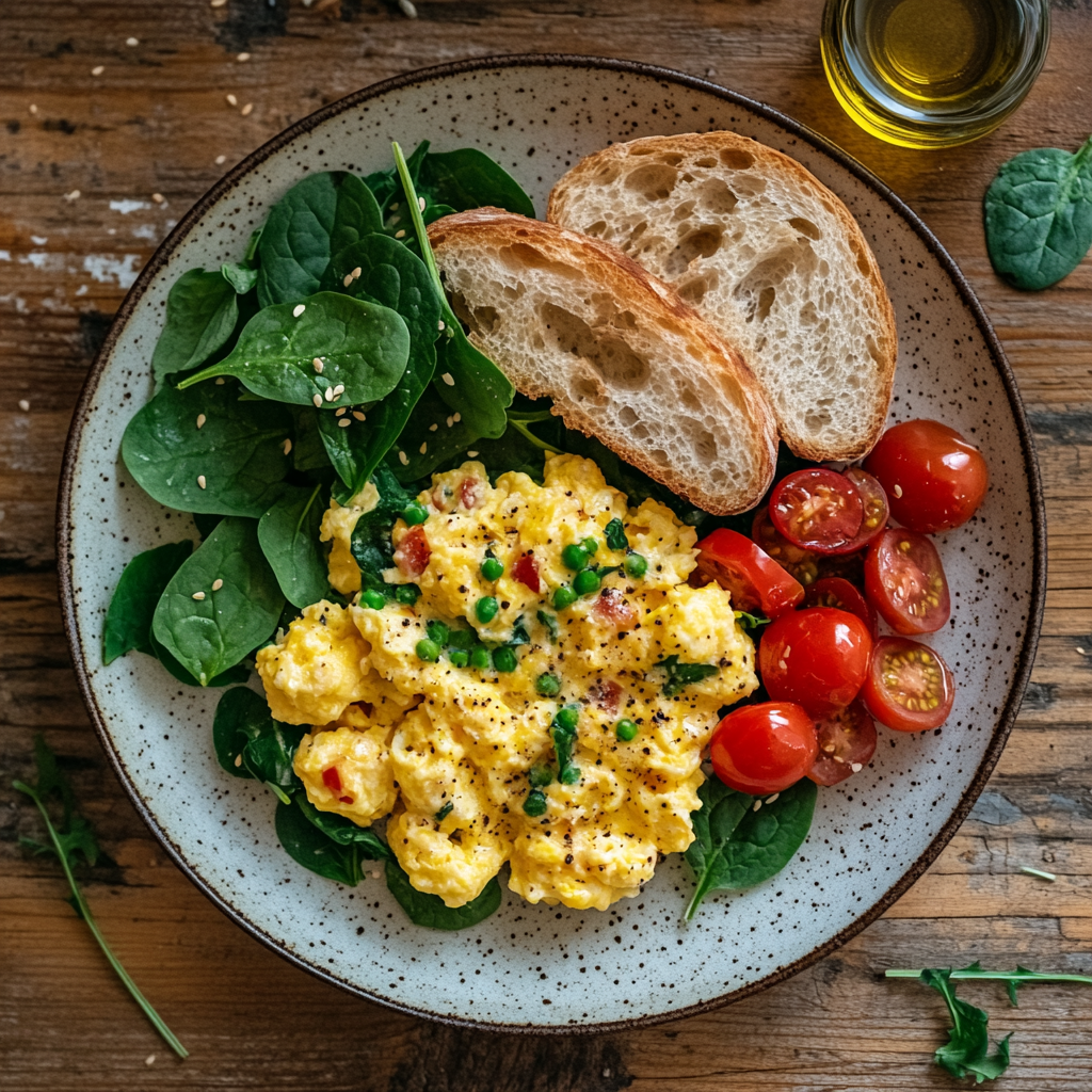 Colorful Scrambled Eggs with Spinach and Cherry Tomatoes