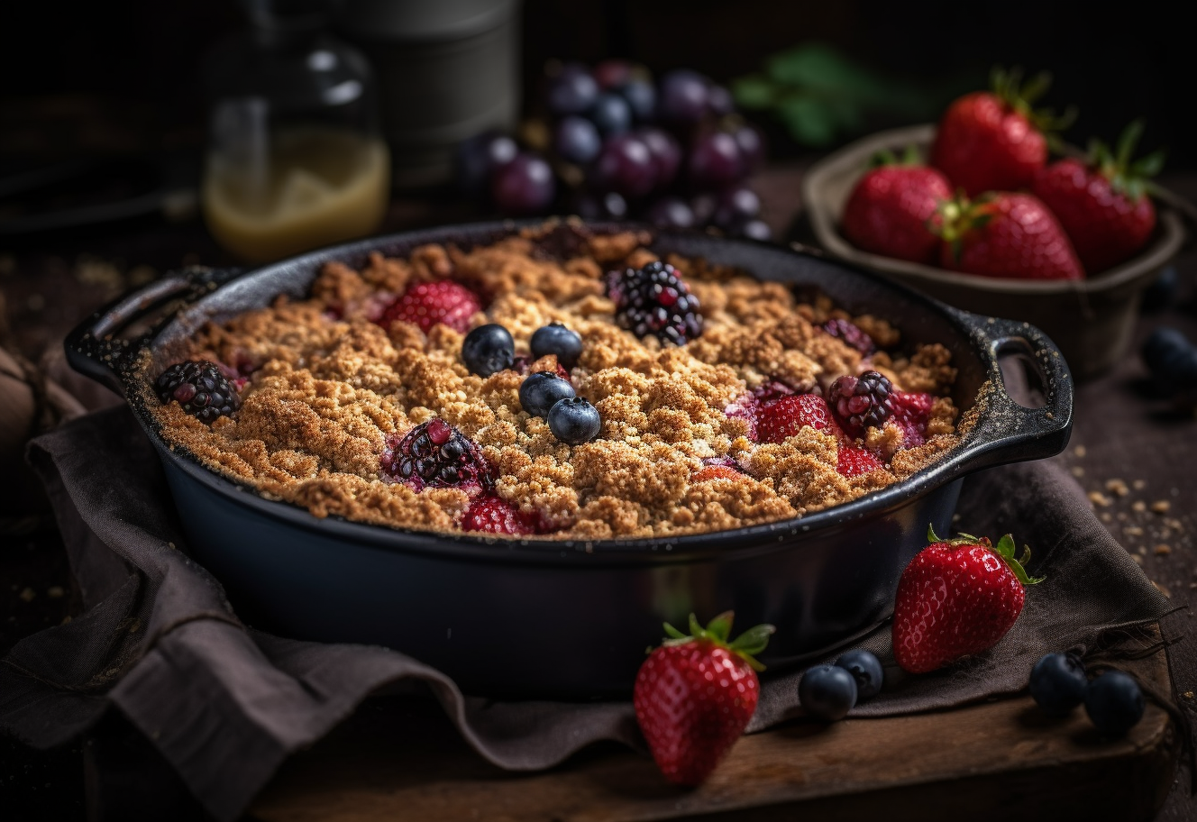 Delicious Berry Crisp in a Dark Serving Dish