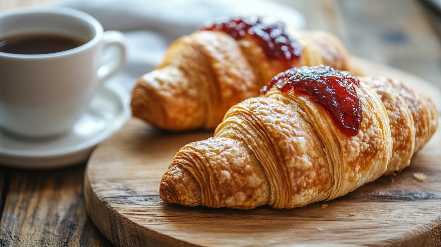 Delicious Croissants with Jam and Coffee