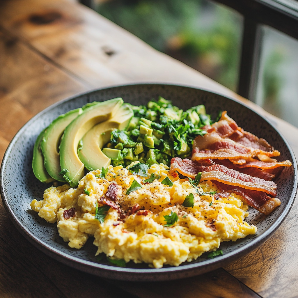 Delicious Scrambled Eggs with Avocado and Bacon