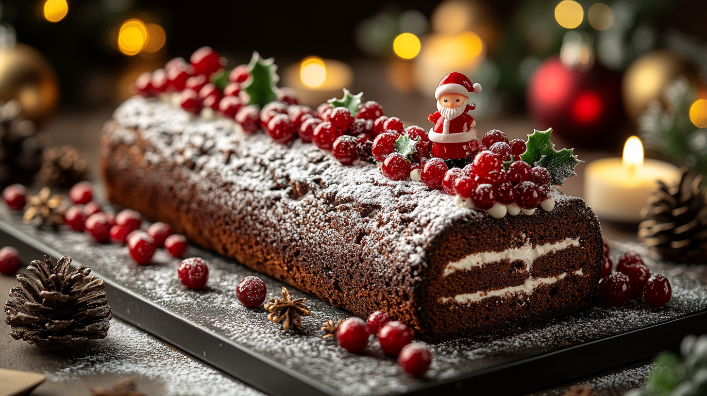 Festive Chocolate Yule Log Cake with Holly Decor