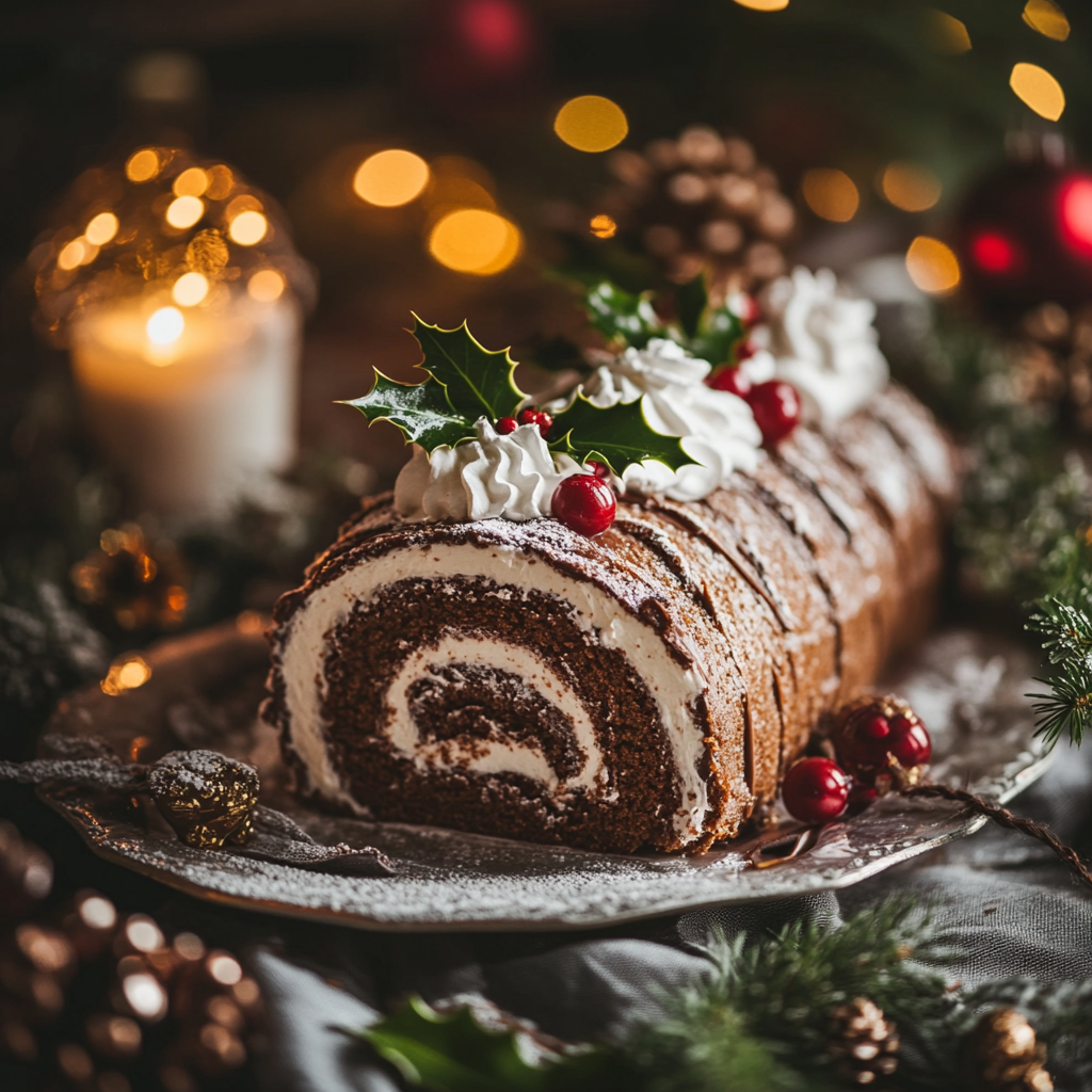 Festive Chocolate Yule Log Cake with Whipped Cream