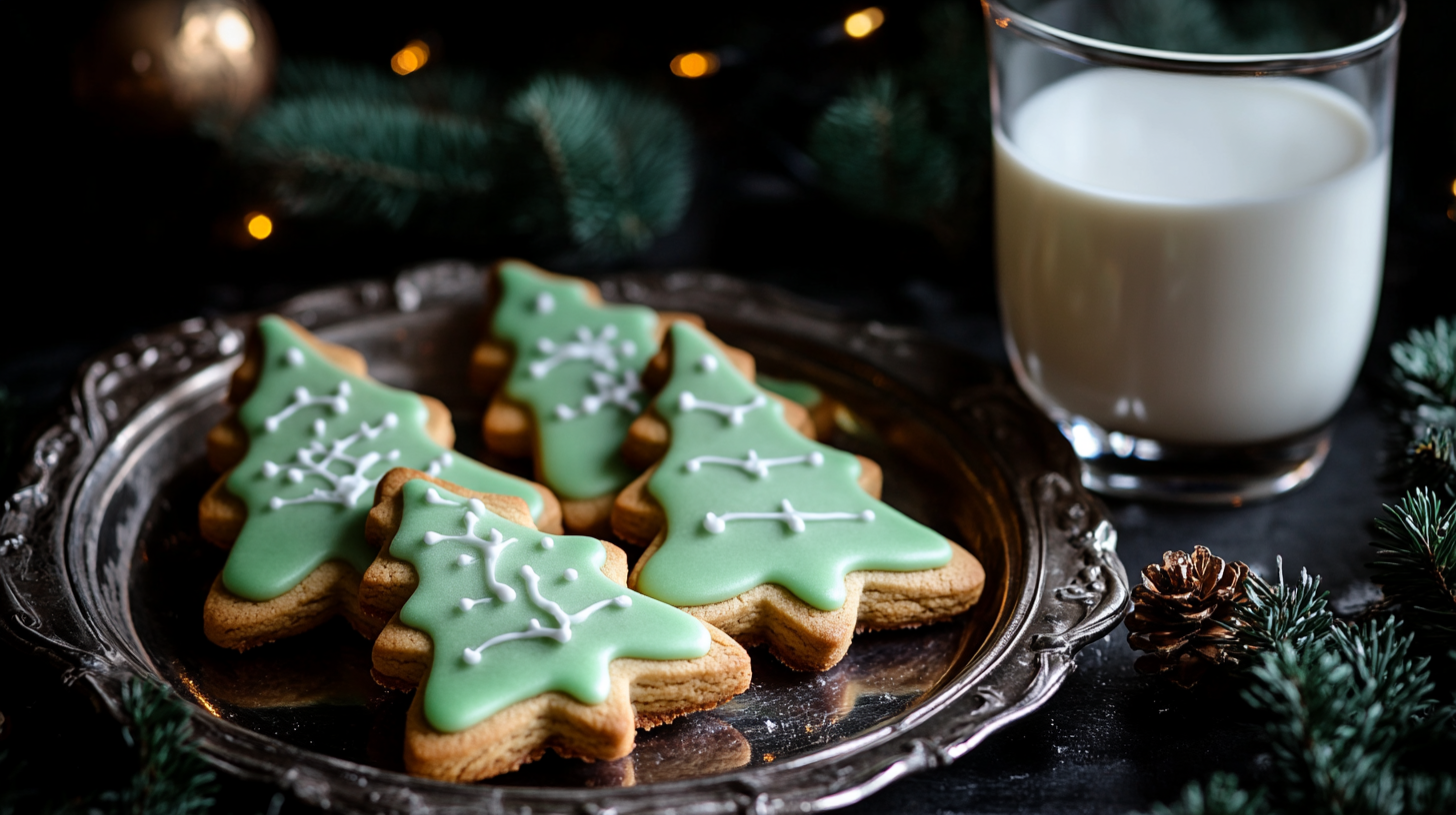Festive Green Christmas Tree Cookies on Silver Platter