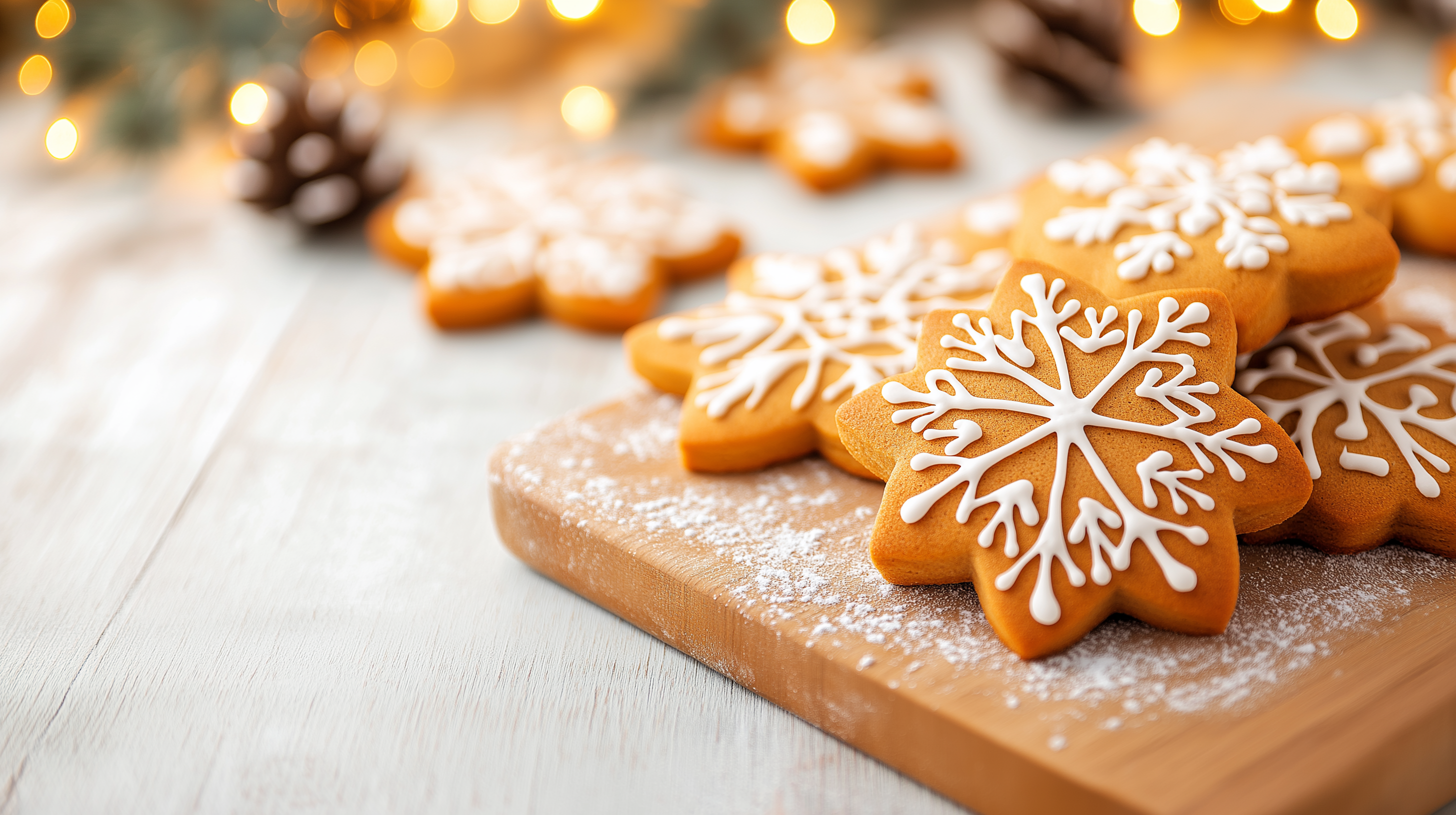Festive Snowflake Cookies on a Wooden Board
