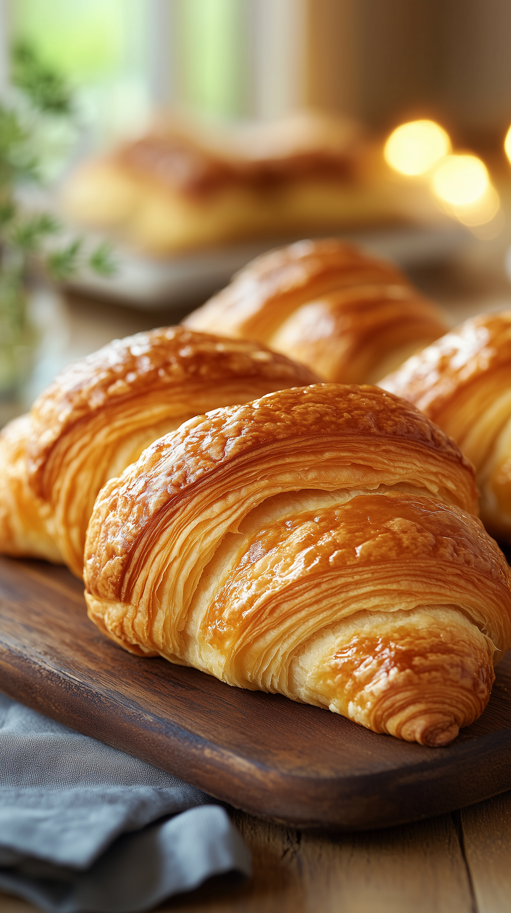 Flaky Golden Croissants on Rustic Wooden Plate
