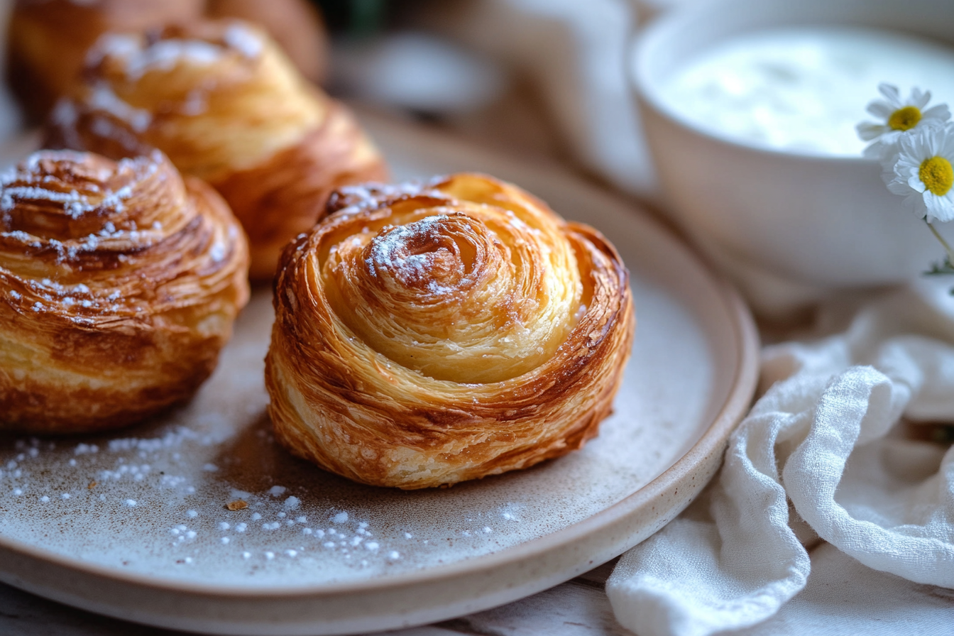 Flaky Rose-Shaped Pastries with Dusting of Sugar