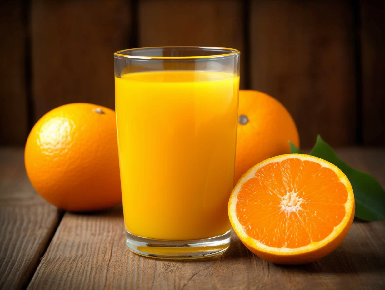 Fresh Orange Juice and Fruits on Rustic Background