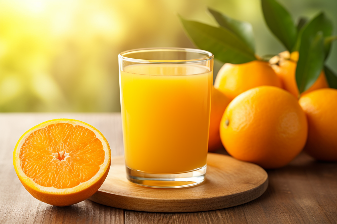 Fresh Orange Juice with Whole Oranges on Display
