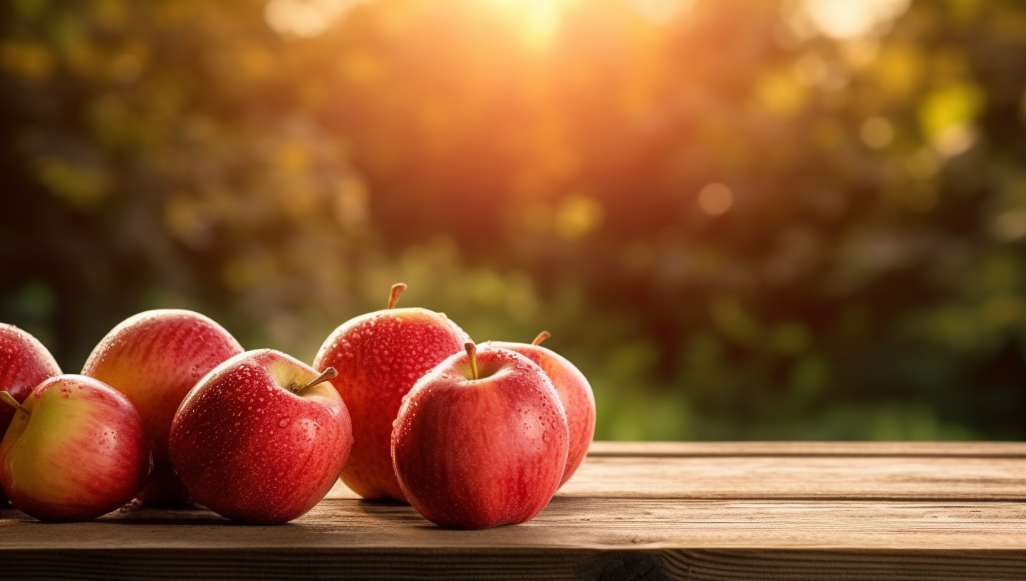 Fresh Red Apples with Dewdrops on Wooden Table