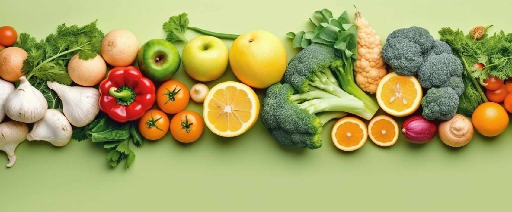 Fresh Vibrant Vegetables and Fruits on a Green Background