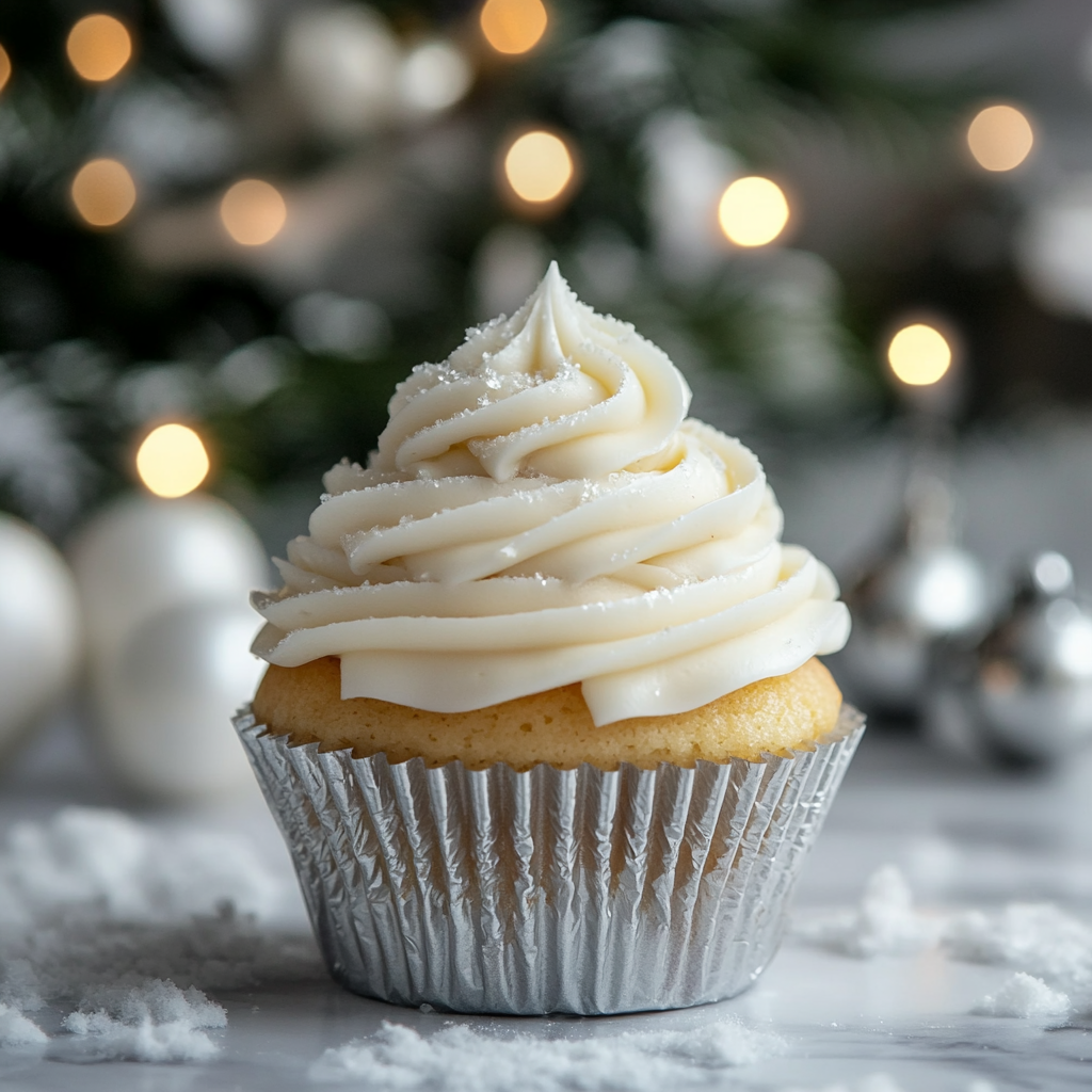 Frosted Vanilla Cupcake with Holiday Background