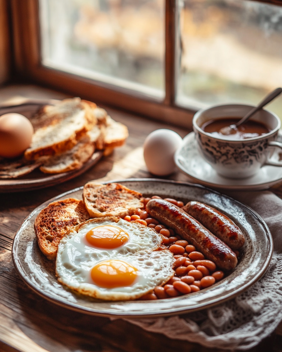 Hearty Breakfast Plate with Eggs, Sausages, and Beans