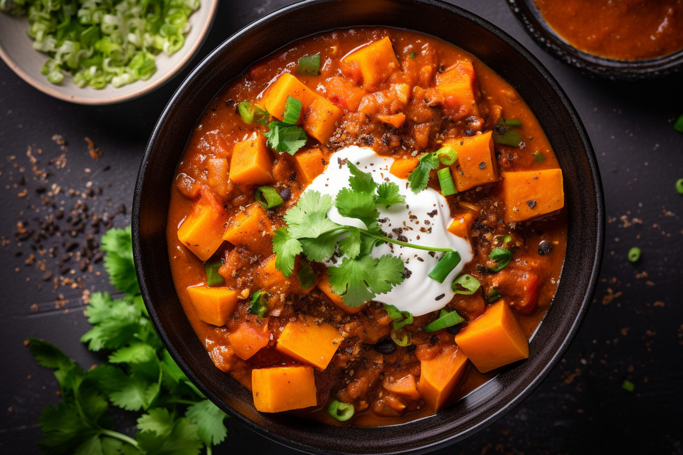 Hearty Sweet Potato Chili Bowl with Fresh Toppings