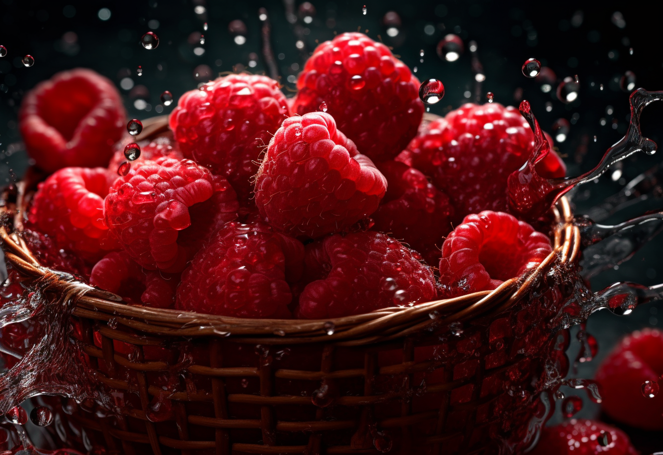 Juicy Raspberries Splashing in a Basket