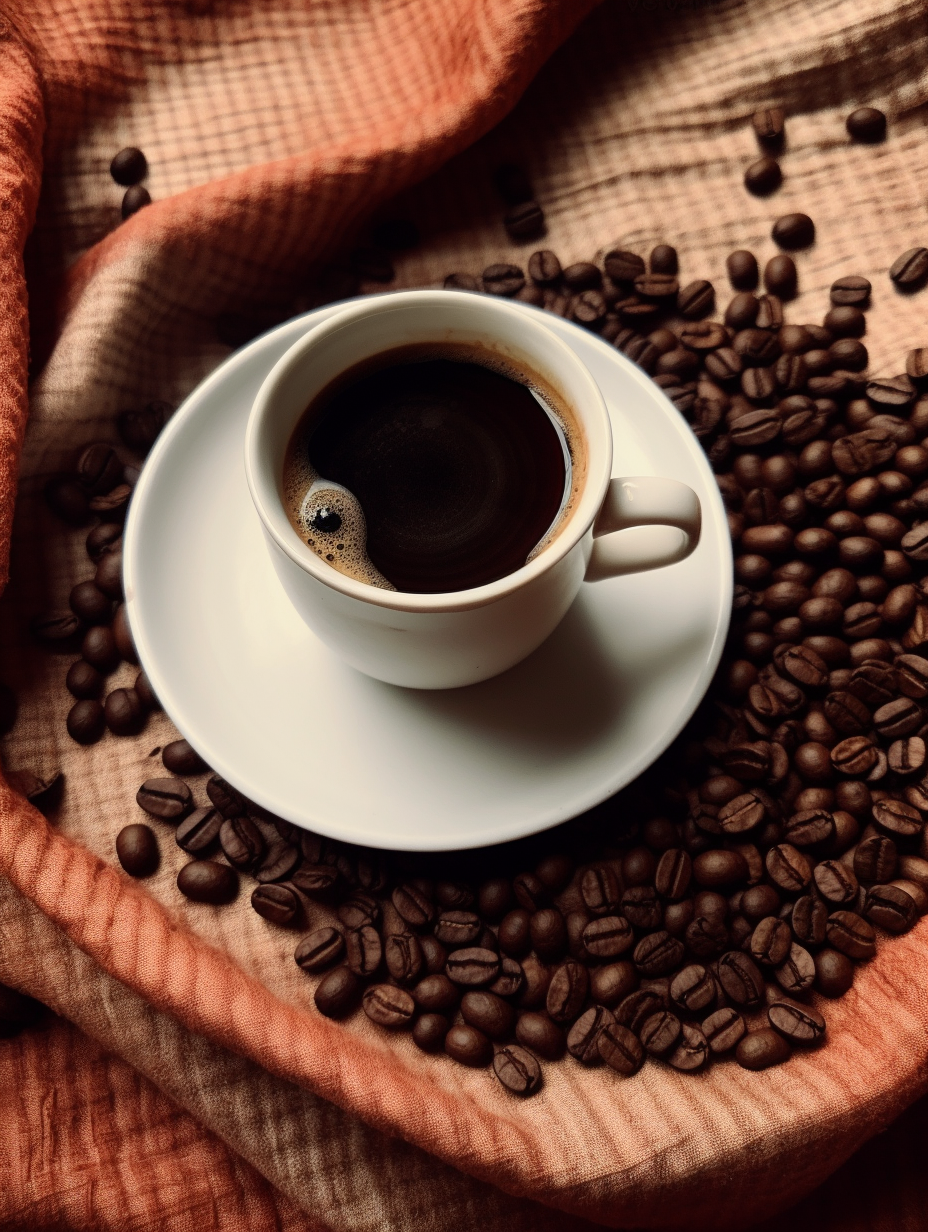 Rich Coffee in a White Cup Surrounded by Beans