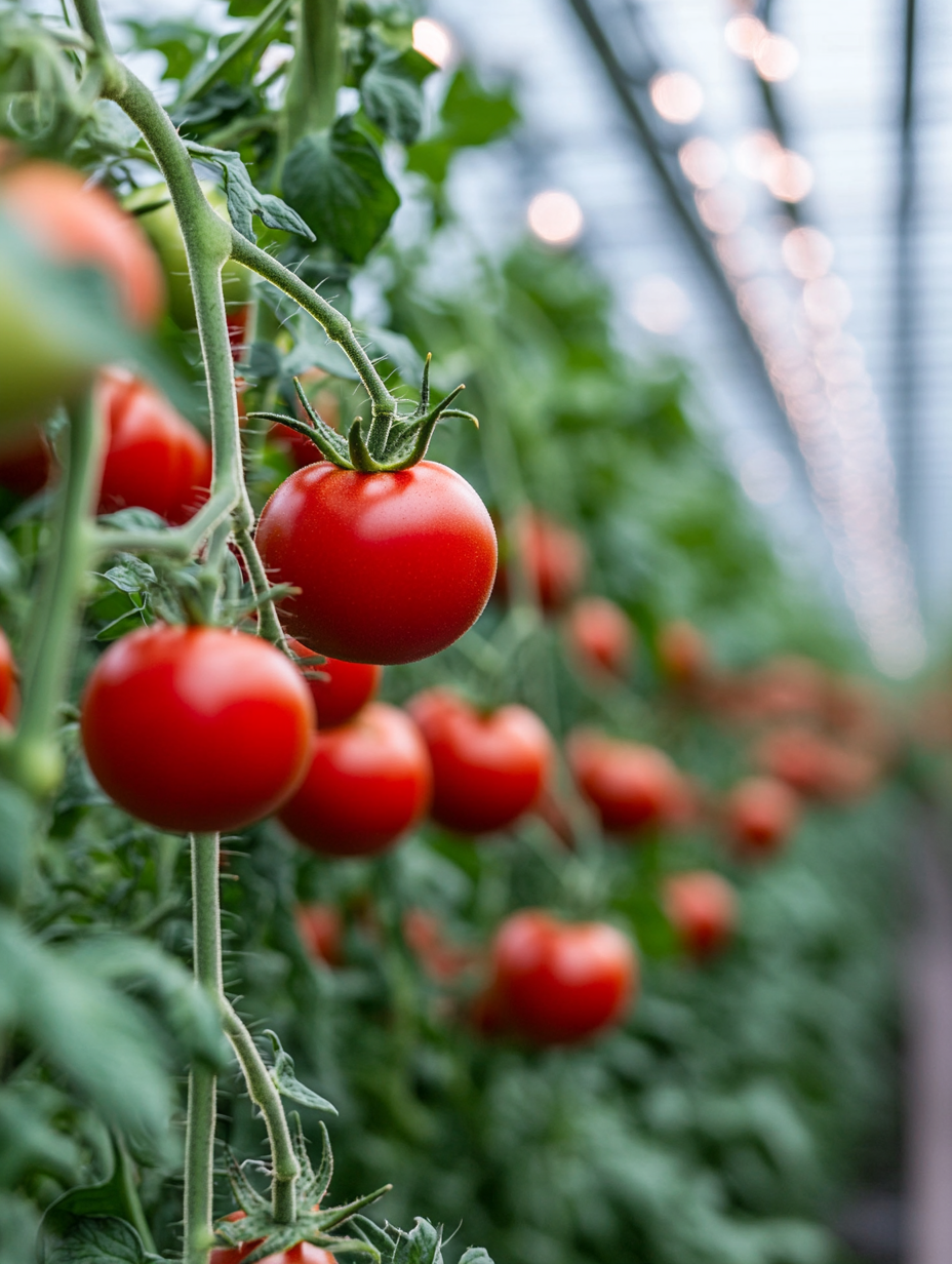 Vibrant Ripe Tomatoes in a Greenhouse