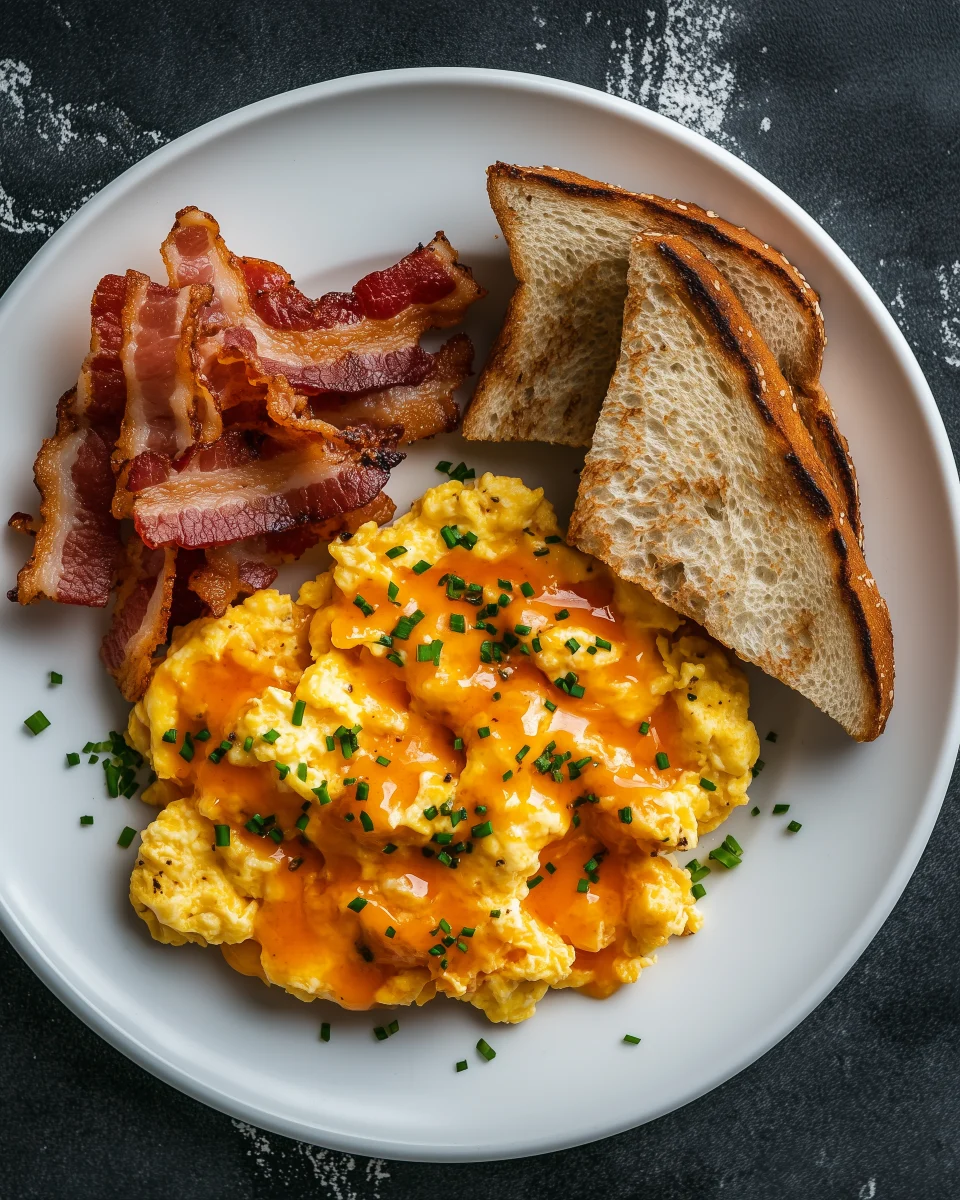 Cheesy Scrambled Eggs with Crispy Bacon Breakfast