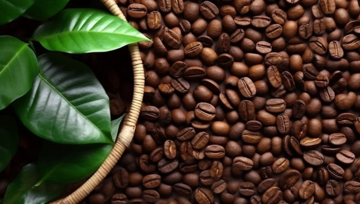 Coffee Beans and Leaves on a Rustic Background