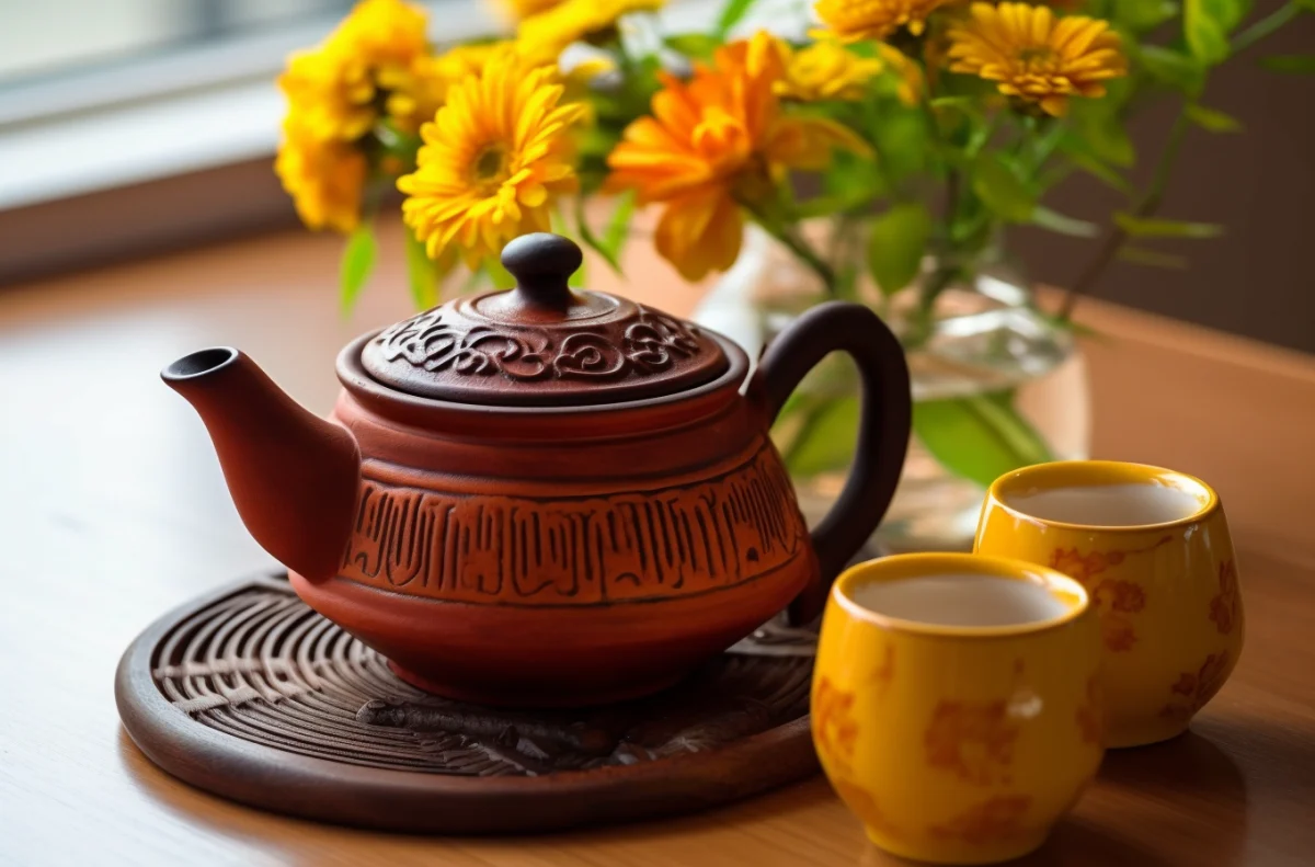 Elegant Teapot with Yellow Cups and Flowers