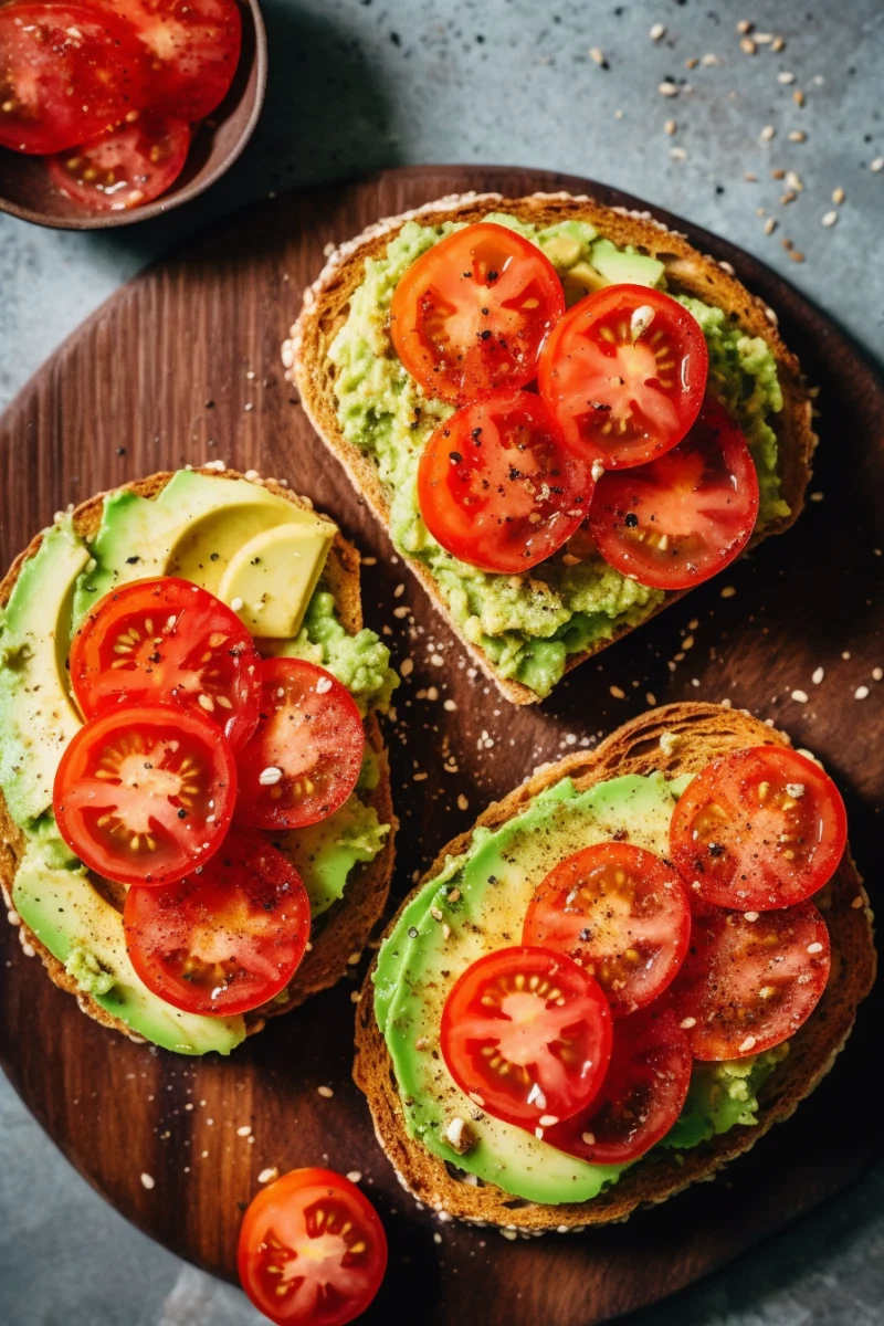 Fresh Avocado Tomato Toast on Whole Grain Bread
