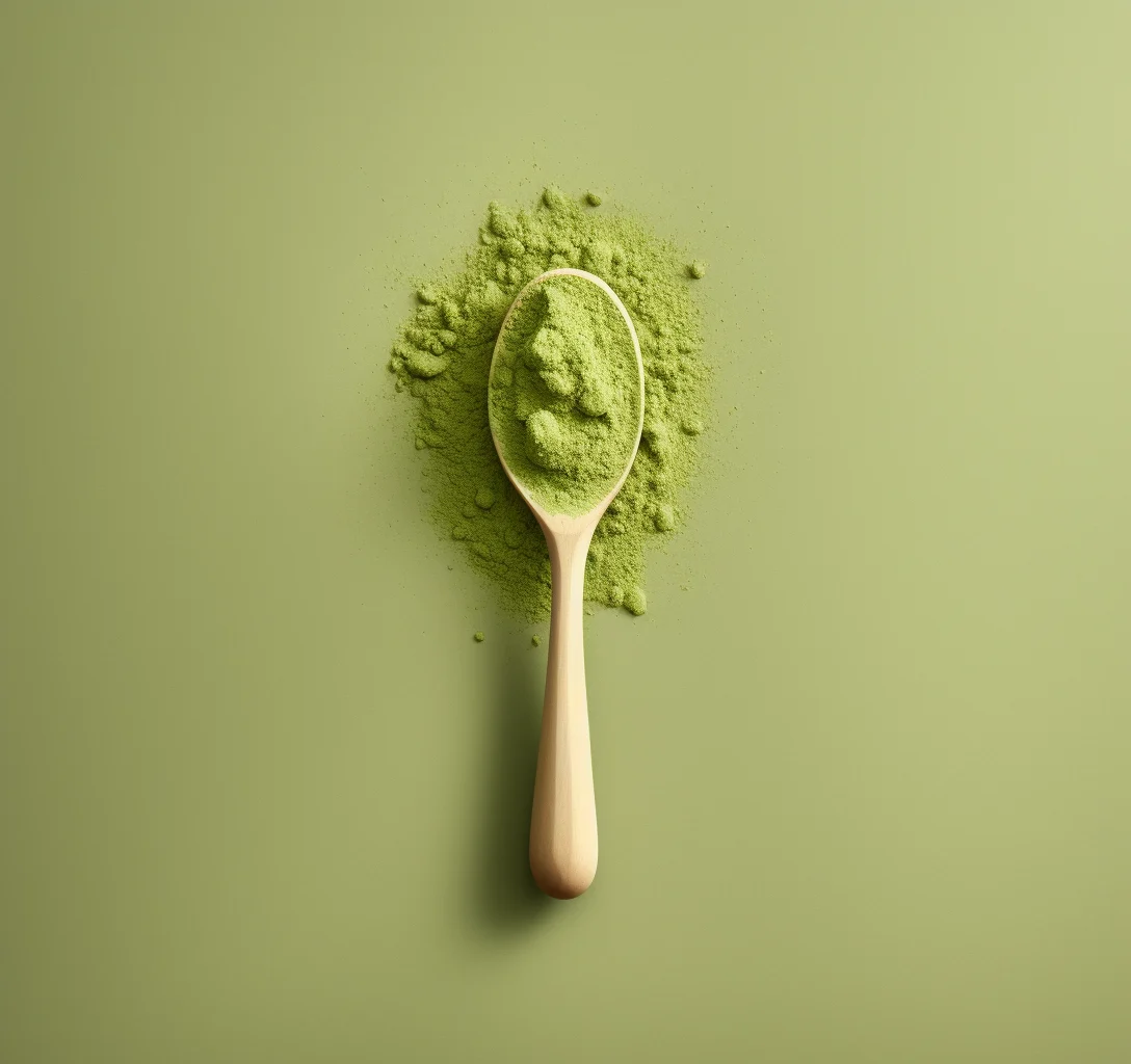 Green Matcha Powder on Wooden Spoon